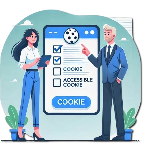 An illustration showing a woman with a tablet and a man pointing at a screen with the text 'ACCESSIBLE COOKIE'. The style is modern and simple, with a focus on digital collaboration and professional appearance.
