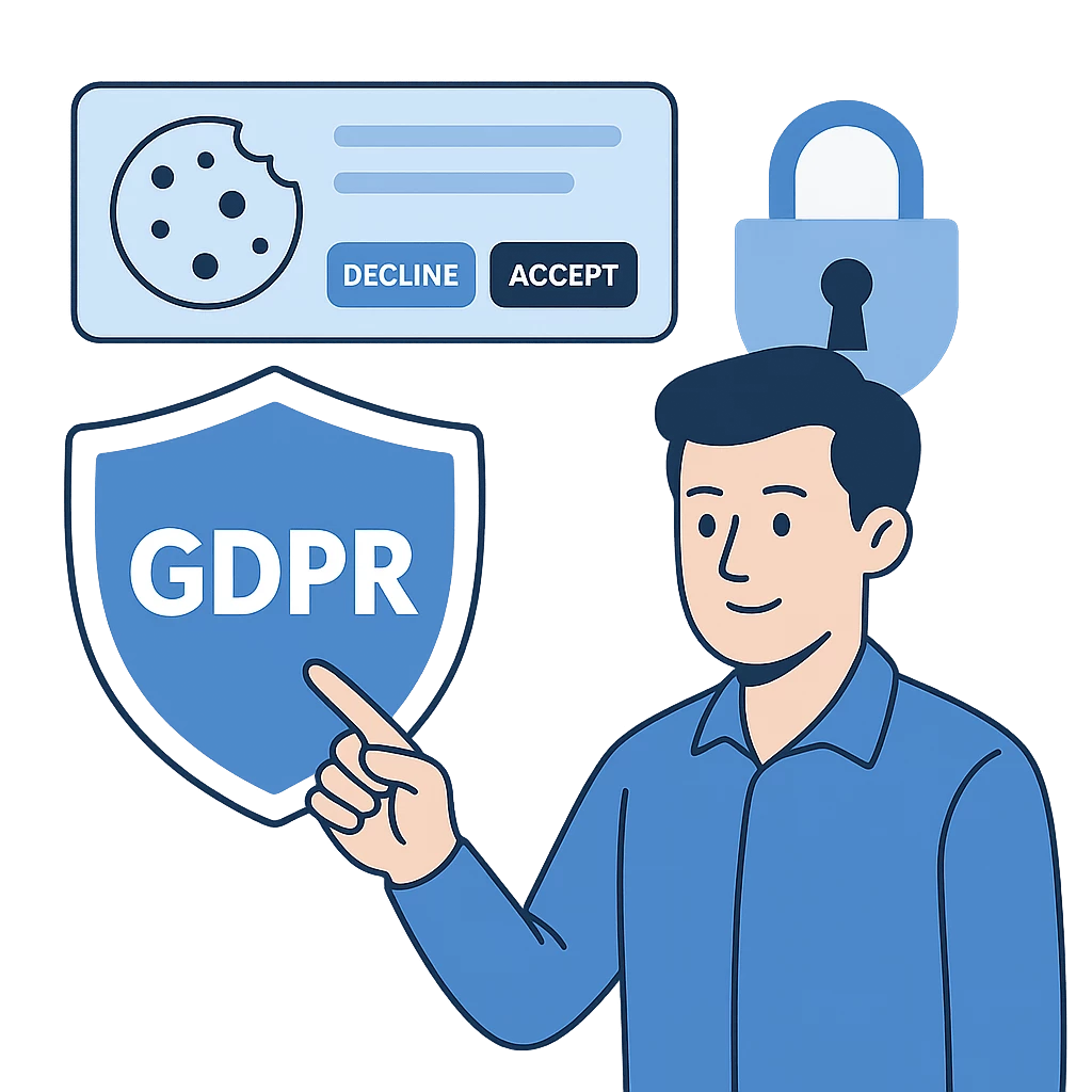 Illustration eines Mannes mit GDPR-Schild, Cookie-Banner und Schloss-Symbol – Darstellung der DSGVO-konformen und datensouveränen Alternative zu TrustArc mit CCM19