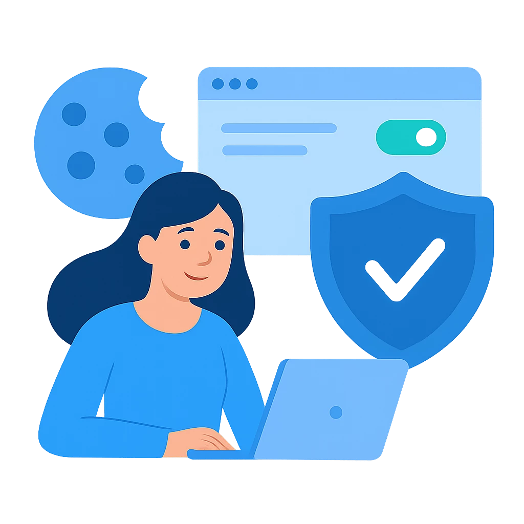 Illustration of a woman on a laptop with cookie symbol, privacy shield and browser window - Illustration of a European cookie consent alternative to Osano by CCM19