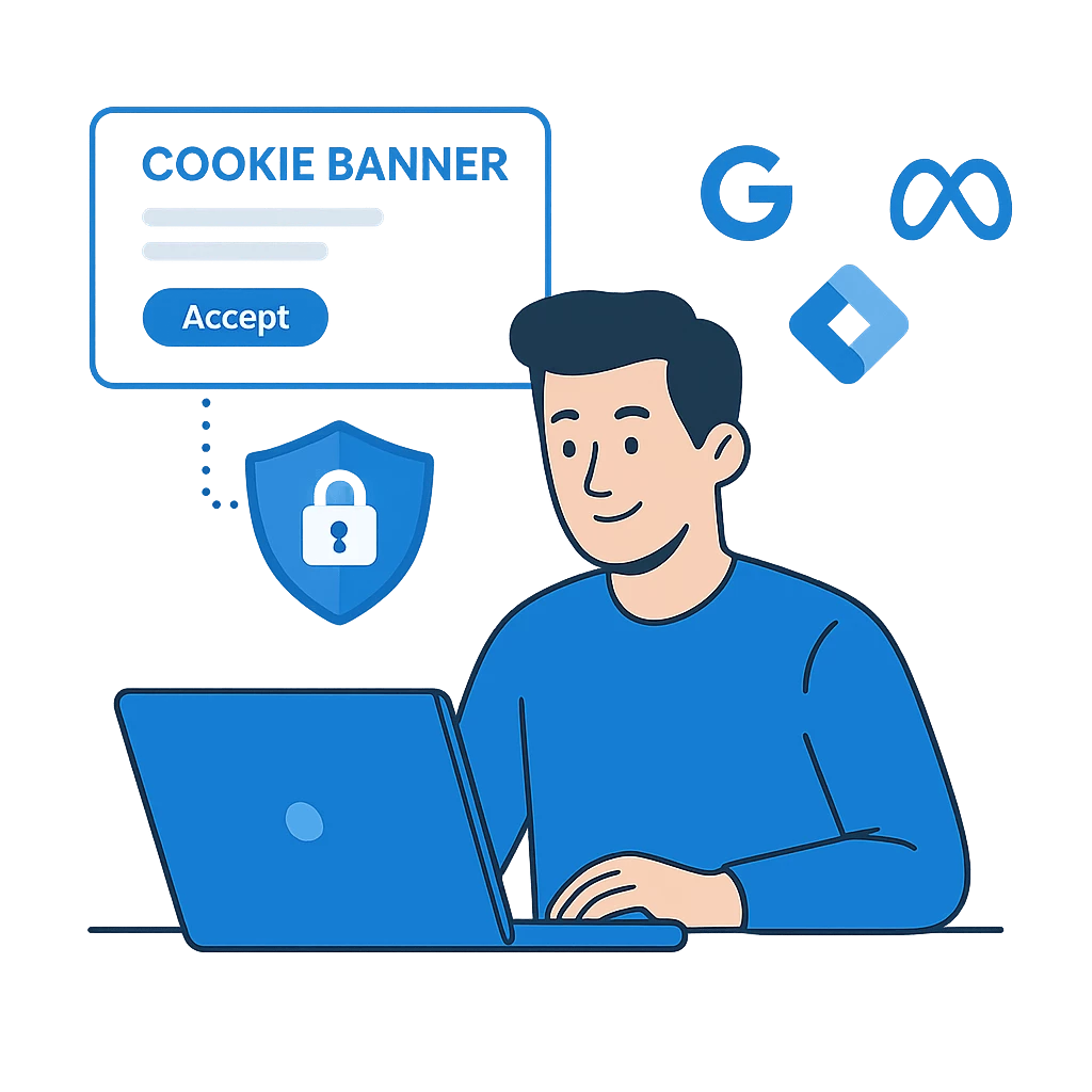 Illustration eines Mannes am Laptop mit Cookie-Banner, Datenschutzschild und Symbolen für Google, Meta und Tag Manager – Darstellung der DSGVO-konformen Integration externer Dienste mit CCM19